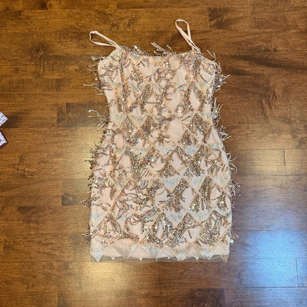 Dainty Hooligan Sequin Embellished Mini Dress in Gold and Cream